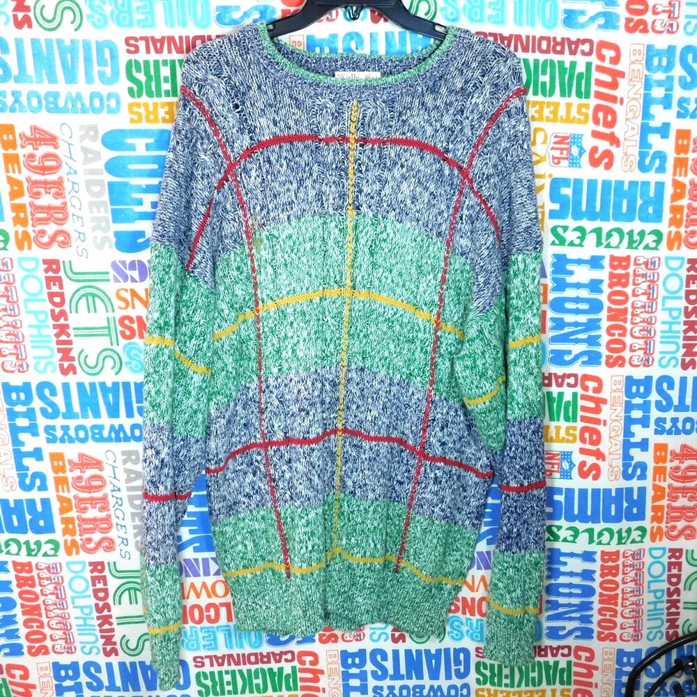 Vintage 80s Tally Ho Heavy Knit Sweater Size XL Multicolor Cotton Grid Pattern